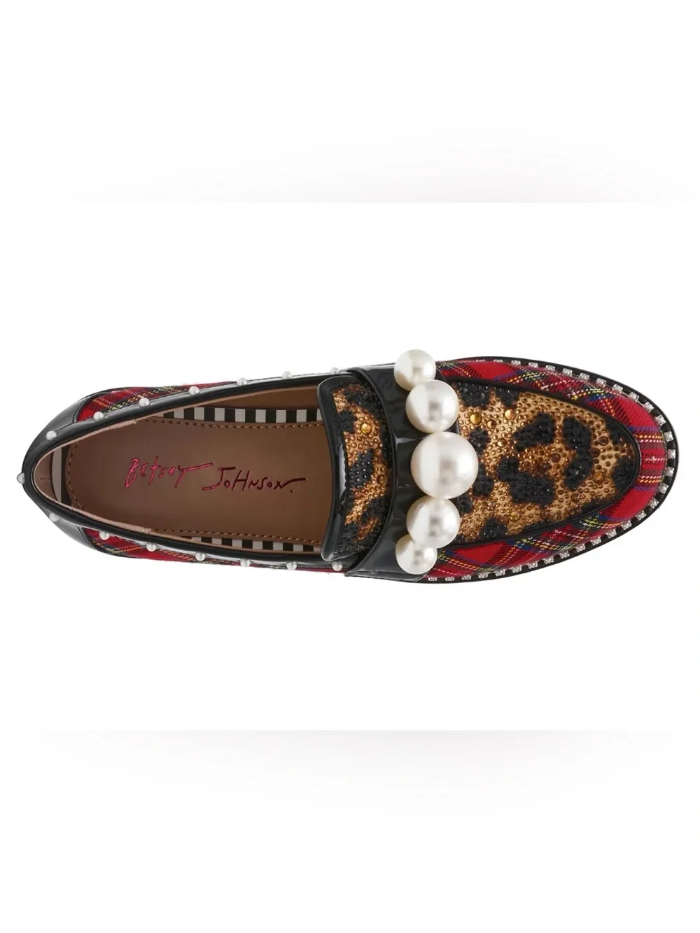 Betsey Johnson Harloe Loafer women’s 7.5 plaid leopard print pearl sparkles